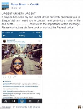 Indris' mum posted this frantic Facebook comment on the Contiki Page after the family received his phone call