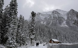 Visitors walk along a pathway towards a log cabin at Lake Louise in Alberta, Canada. Picture courtesy: Reuters